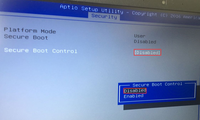 把secure boot control改成disabled 关闭安全启动